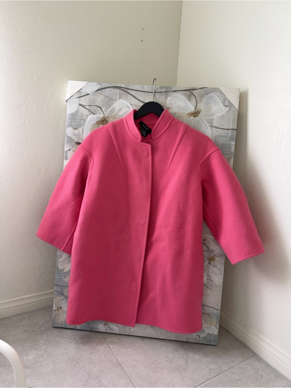 Tahari Bright Pink Three-Quarter Sleeve Wool Coat ！missing the belt